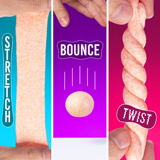 Peach Ring SCENTsory Thinking Putty demonstrating stretch, bounce, and twist features.