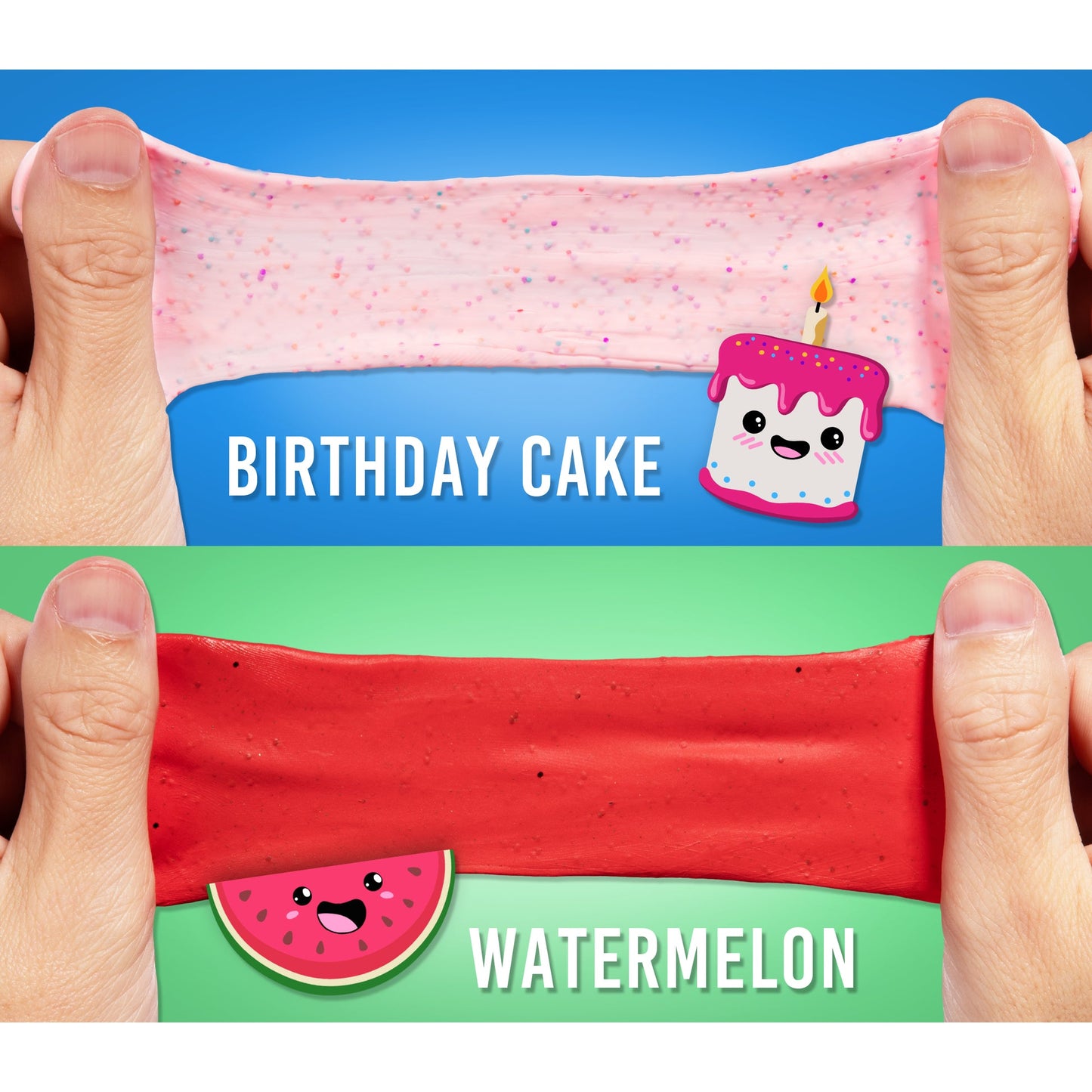 Watermelon and birthday cake scented putty shown separately before mixing.