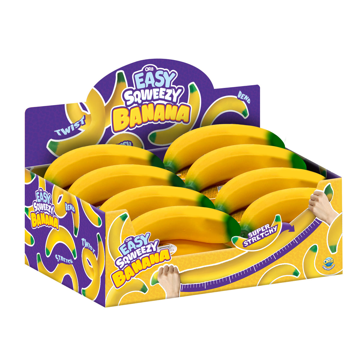 Purple and yellow Easy Sqweezy Banana display box filled with stretchy banana sensory toys