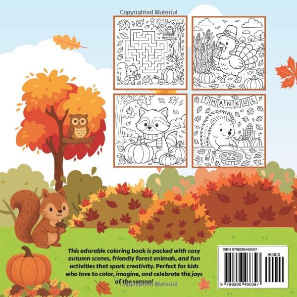 Back cover of fall coloring and activity book showing sample pages with a maze, turkey, raccoon and hedgehog to color