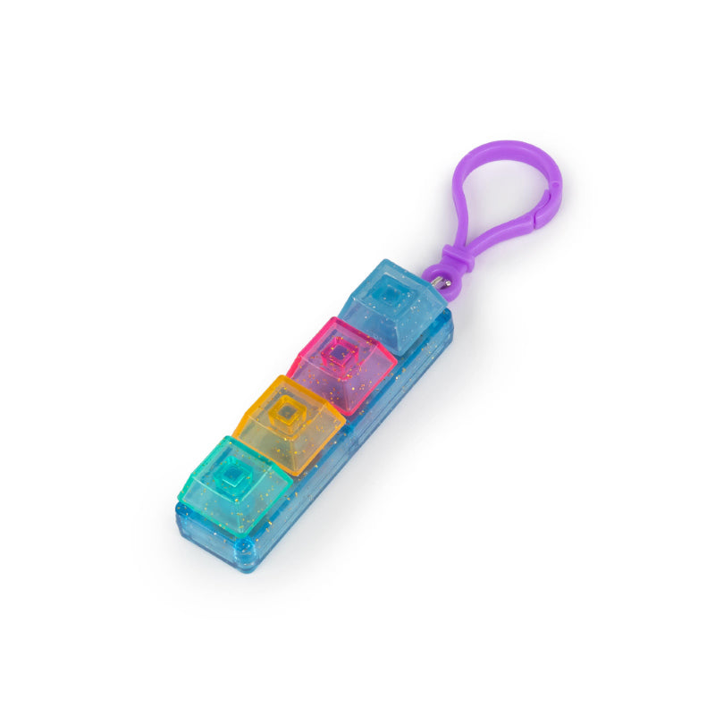 Glitter Fidget Keyboard Keychain in straight line shape with purple clip, close-up