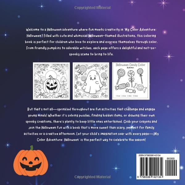 Back cover of Halloween coloring and activity book showing sample pages with a jack-o-lantern, ghost and candy to color