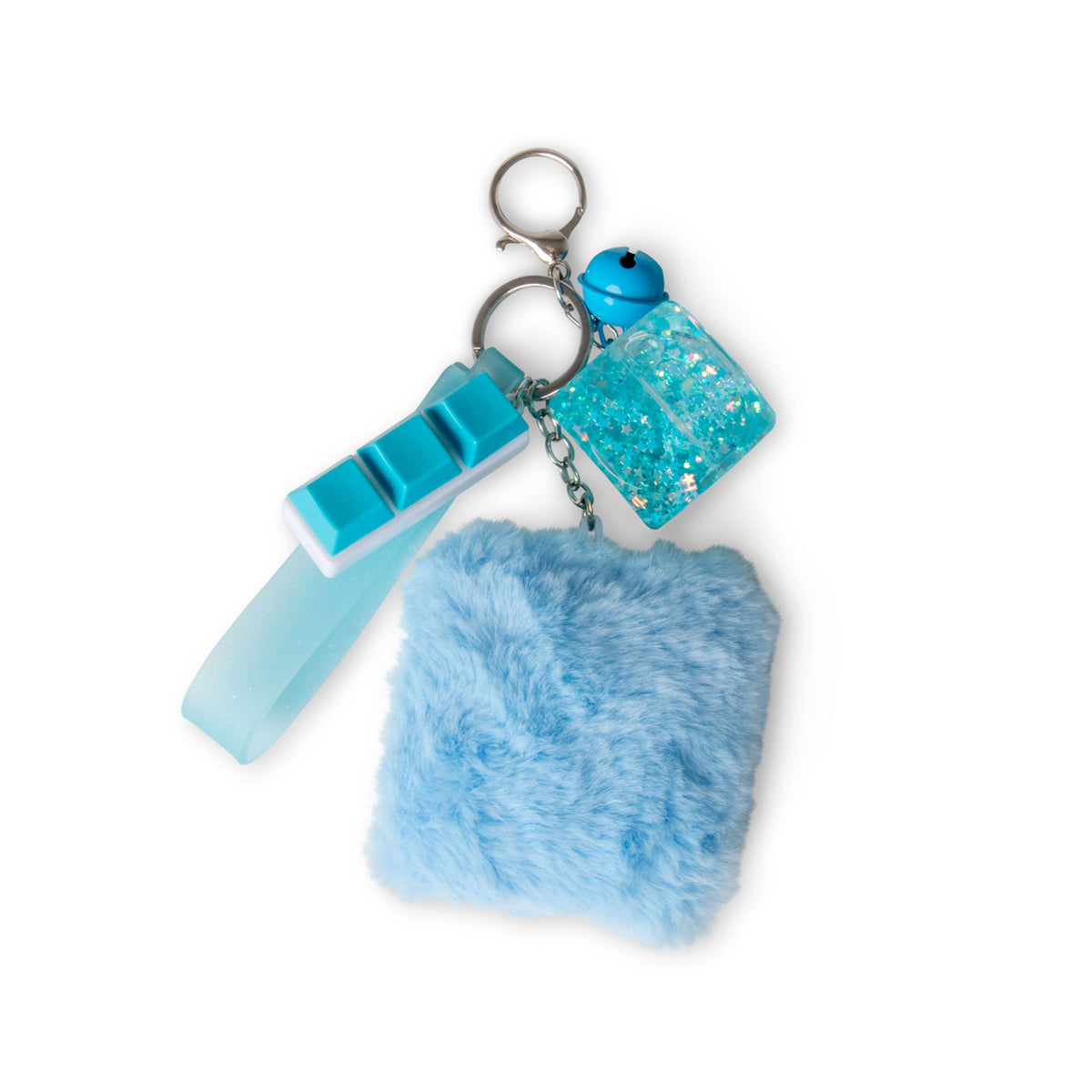 Hand holding the Purple Flower charm filled with beads and glitter on the fidget keychain