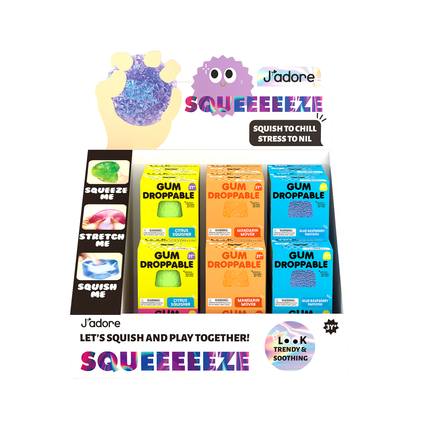 Retail display of J'adore Gum Droppable Squish toys showing assorted colors and squeeze, stretch, and squish features.