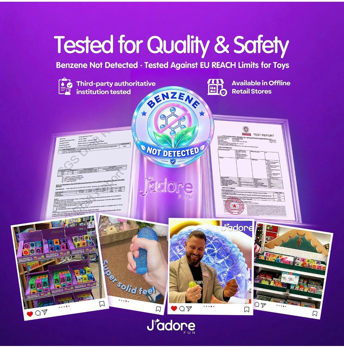 Infographic about J'adore quality and safety testing for the Gum Droppable, with certificate photos