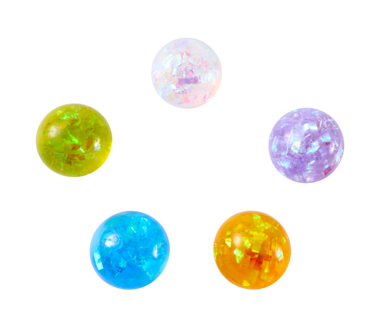 Five colorful Magic Orb glitter sensory squeeze balls in assorted translucent colors including green, blue, orange, lavender, and iridescent white.