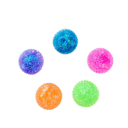 Five colorful translucent textured Spiky Orb Squishy sensory balls in blue, purple, pink, orange, and green.