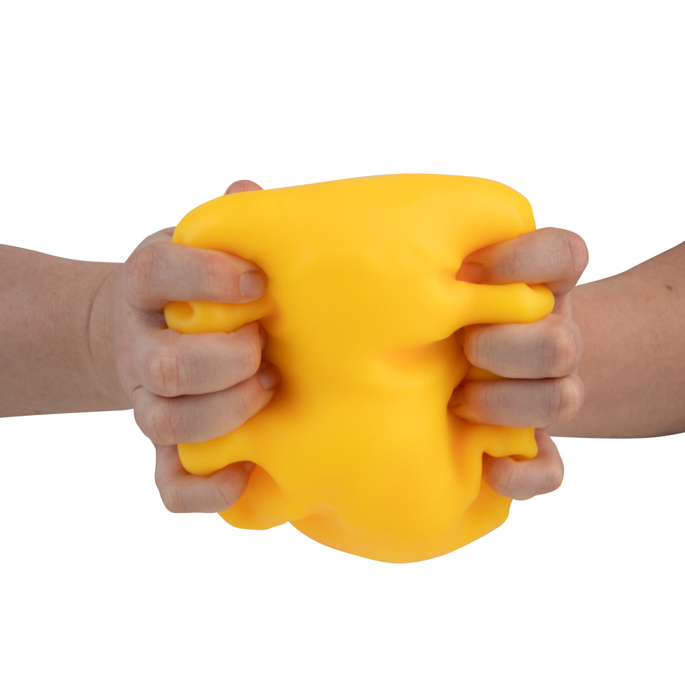 Both hands squeezing the oversized Easy Sqweezy Super Cheesy foam toy.