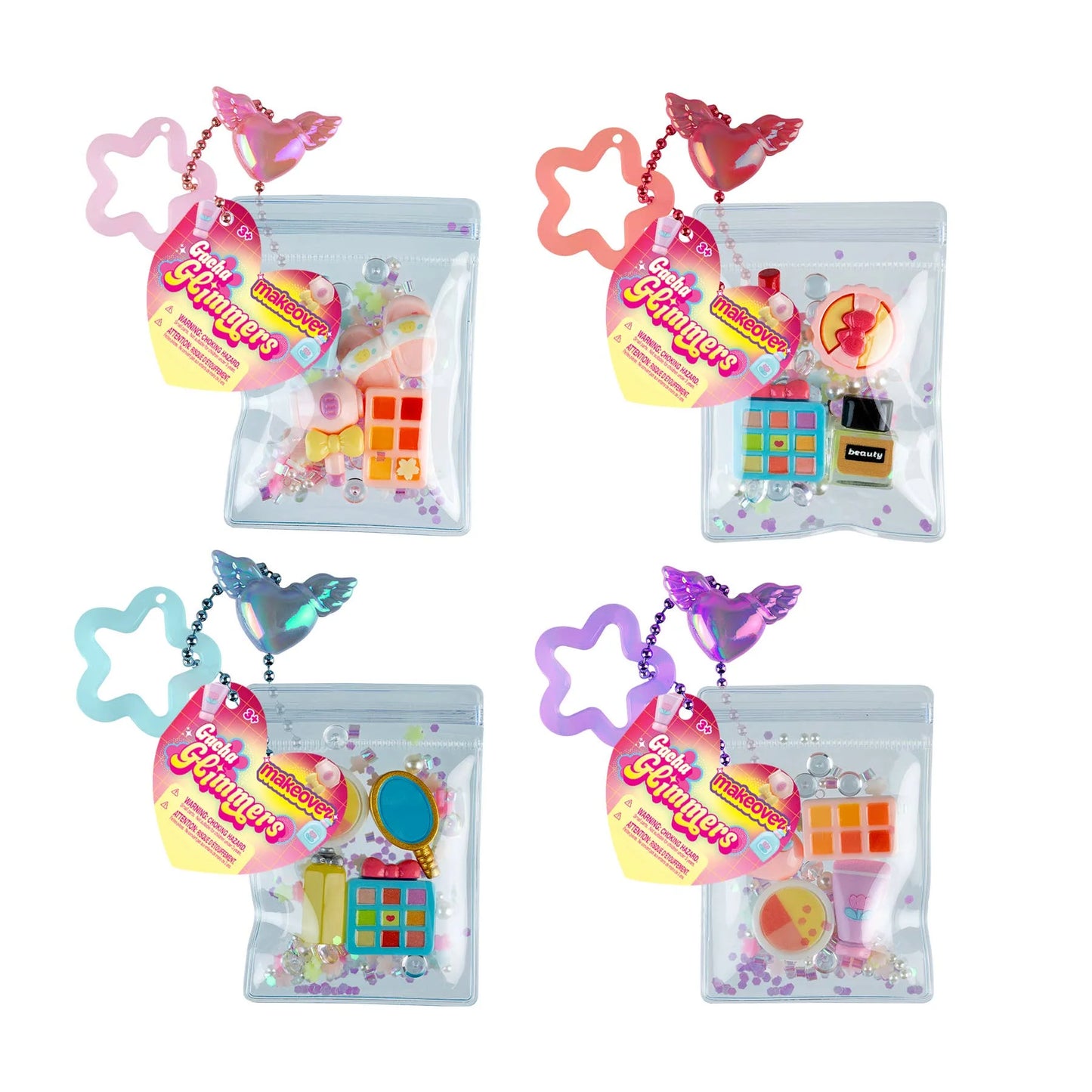 Assorted ORB Mini Gacha Glimmers Makeover mystery collectible pouches featuring miniature beauty accessories.