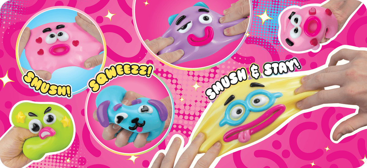 ORB Smushers sensory fidget toys showing colorful characters being squeezed and stretched by hand