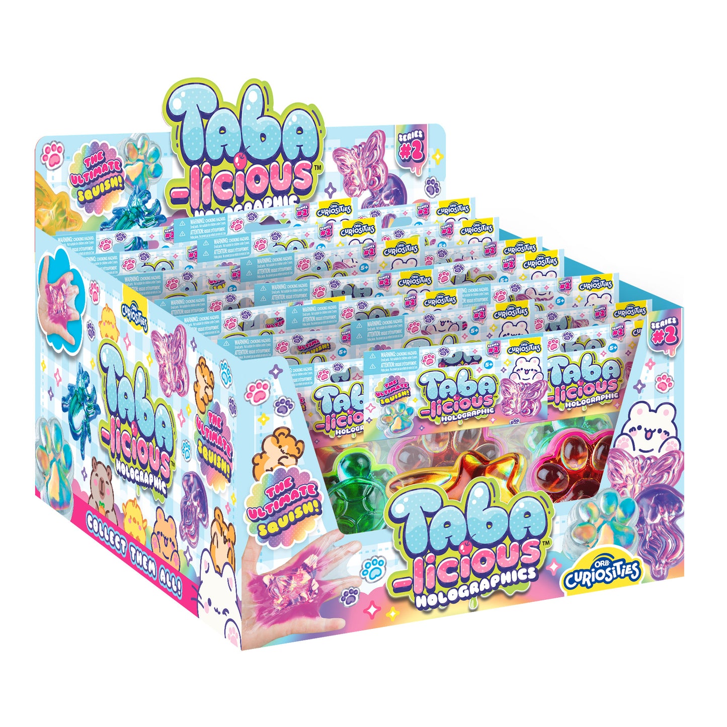 ORB Taba-licious Holographic Series 2 retail display filled with assorted holographic squishy toys.