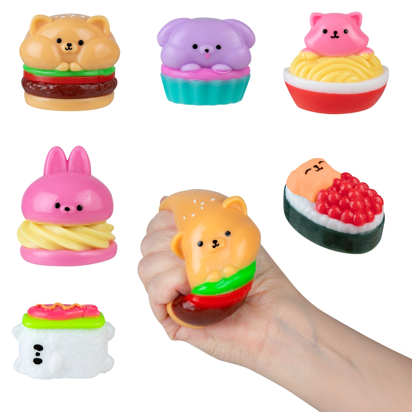 Assorted Taba-licious Snackies squishy toys with a hand squeezing the bear burger design.