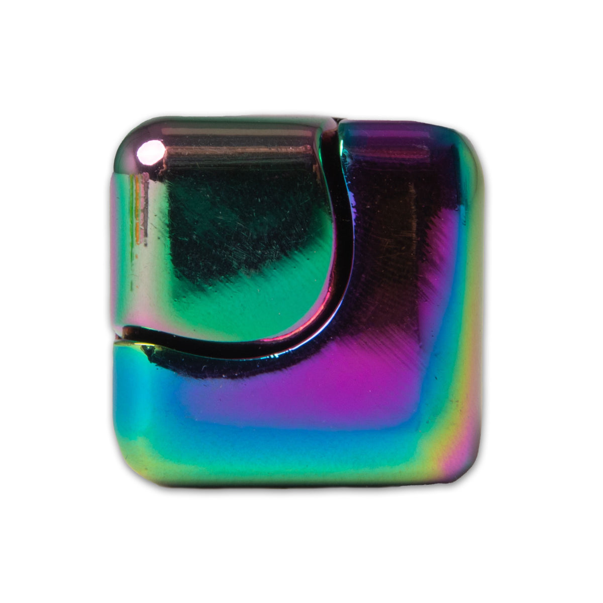 Front view of the rainbow metal fidget cube twisted open