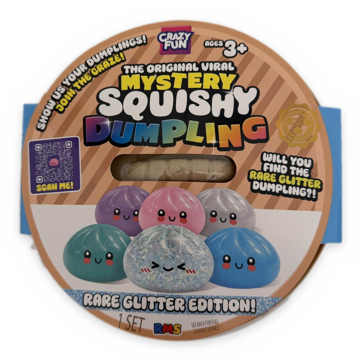 Two RMS Crazy Fun Giant Mystery Squishy Dumpling 7 inch steamer-basket boxes on a white background, one showing the front label and one from the side