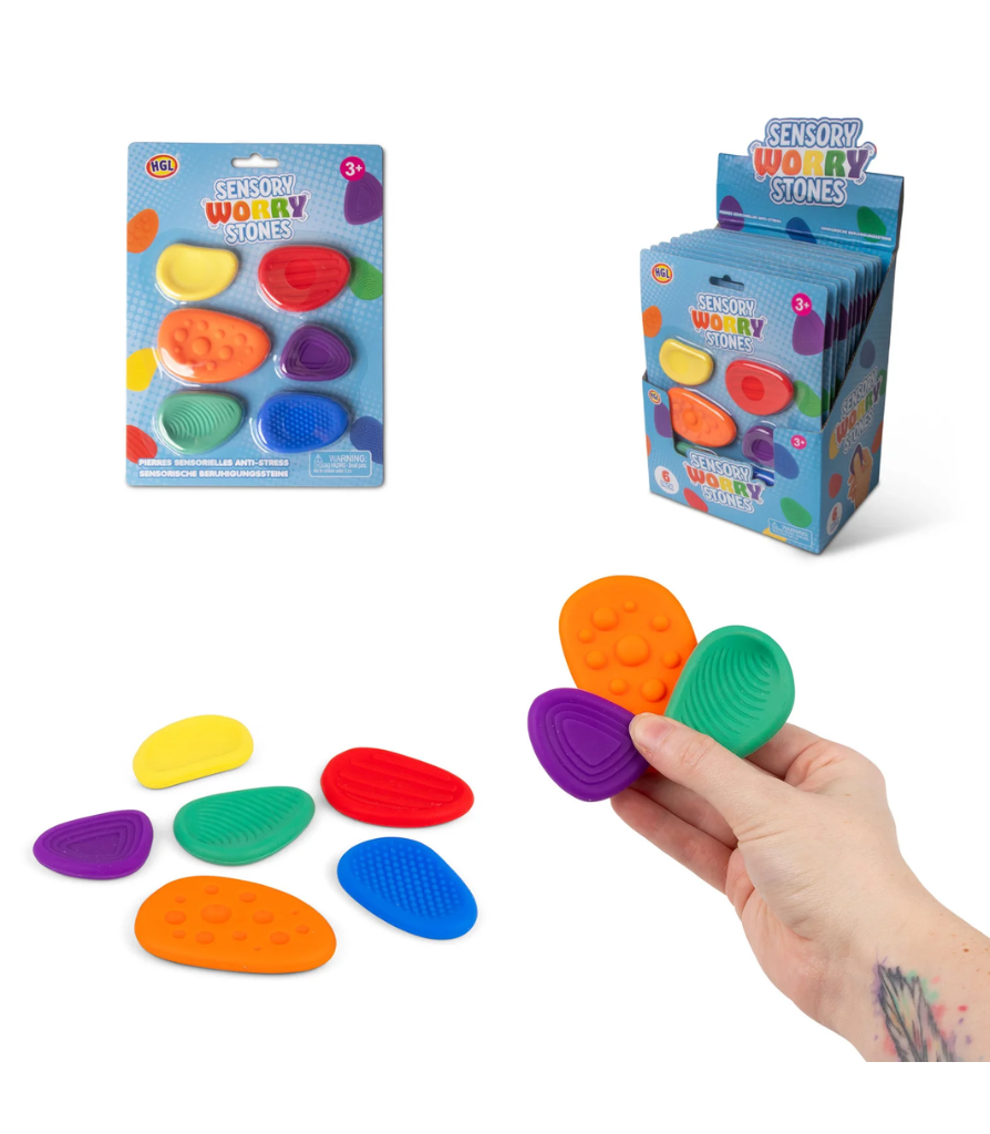 Sensory Worry Stones retail packaging card and display box with product photos
