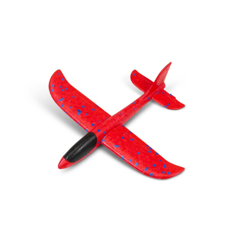 Red small foam glider airplane toy standalone product shot, angled view