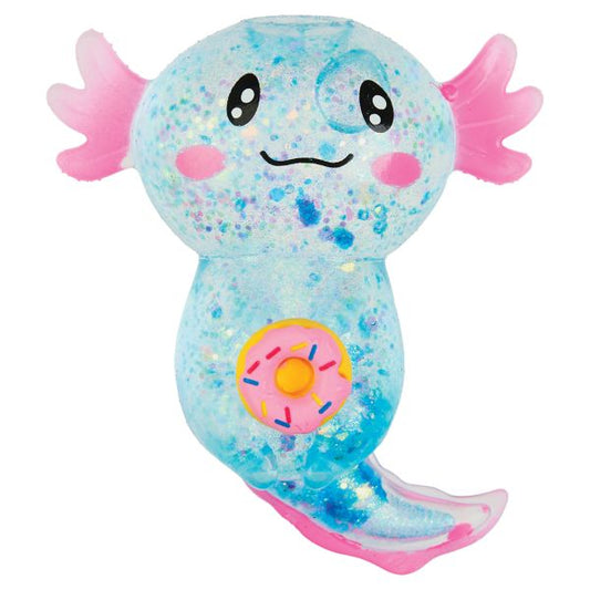 Close-up of a sparkly translucent blue and pink axolotl squishy toy with a mini donut snack