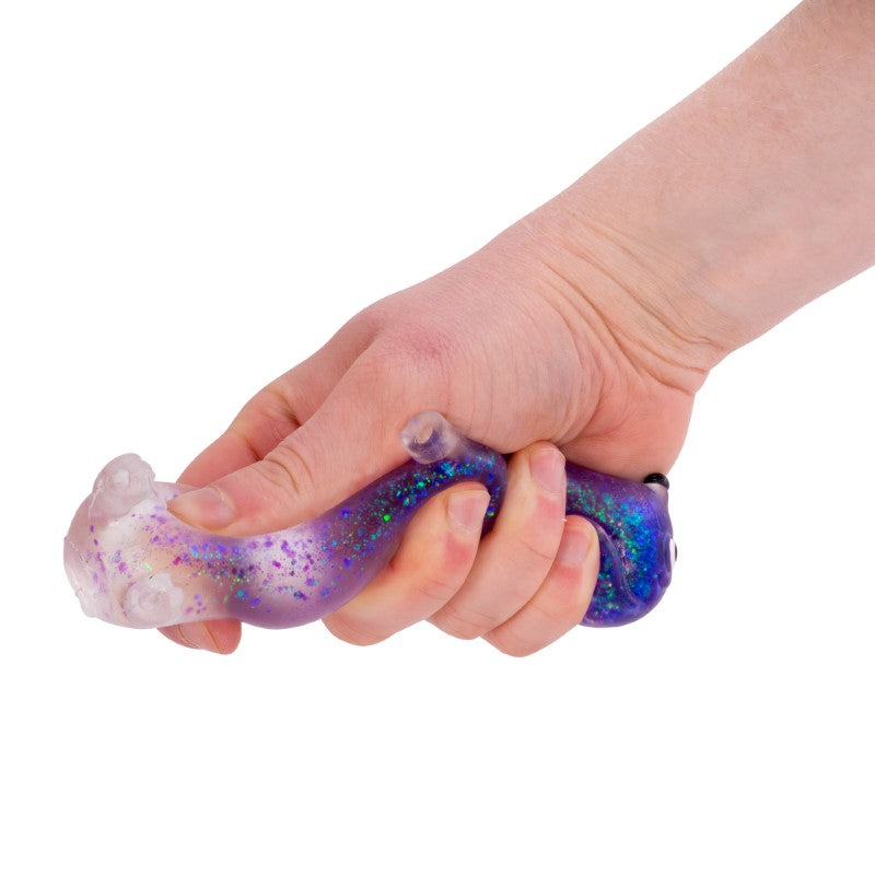 New arrival Sparkly Sausage Dog squishy toys shown in purple and orange with packaging