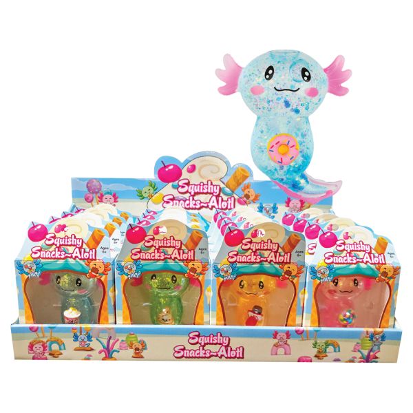 Squishy Snacks-Alotl axolotl squishy toys in assorted colors shown in their boxes on a countertop display