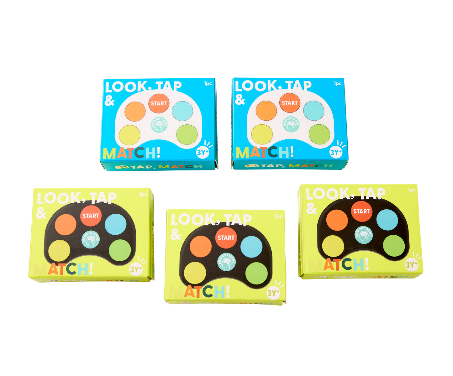 Five J'adore Tap and Match memory game controllers — two white and three black with colorful buttons