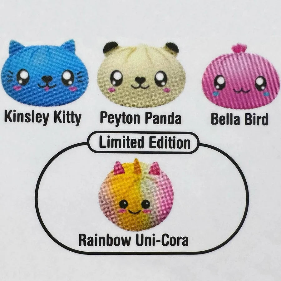 Dumplin Palz character chart: Kinsley Kitty blue cat, Peyton Panda, Bella Bird pink, and limited edition Rainbow Uni-Cora