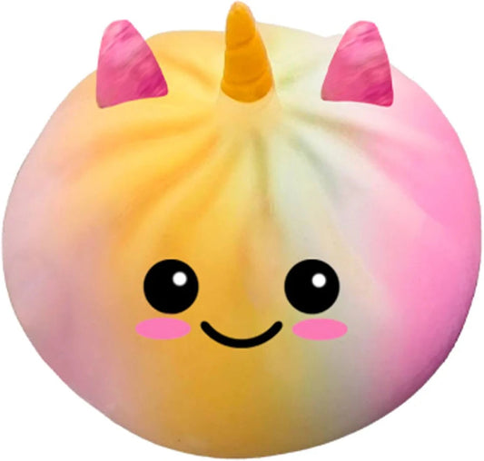 Rainbow Uni-Cora limited edition Dumplin Palz squishy, a pastel rainbow dumpling with a unicorn horn, pink ears, and a smiling face