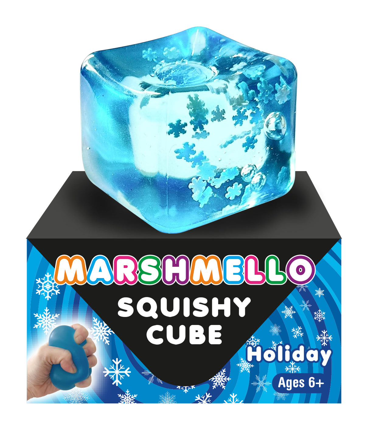 Marshmello Squishy Holiday Cube by Zorbitz, an icy blue squishy cube with snowflakes inside, on blue snowflake packaging