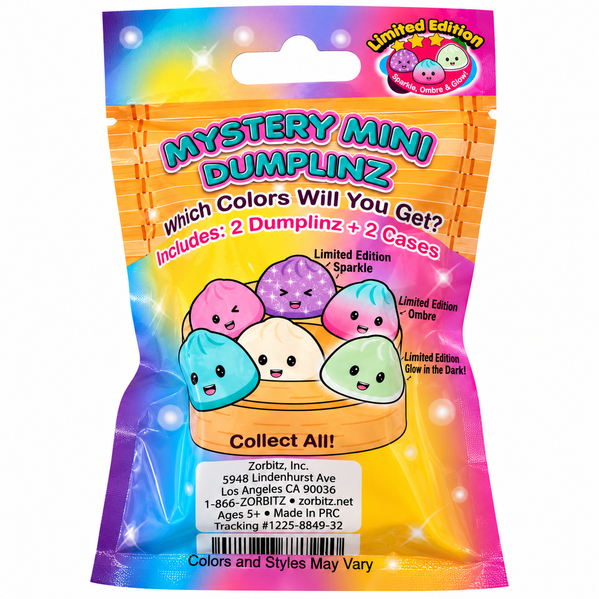 Back of the Zorbitz Mystery Mini Dumplinz blind bag showing the limited edition sparkle, ombre, and glow in the dark dumplinz to collect
