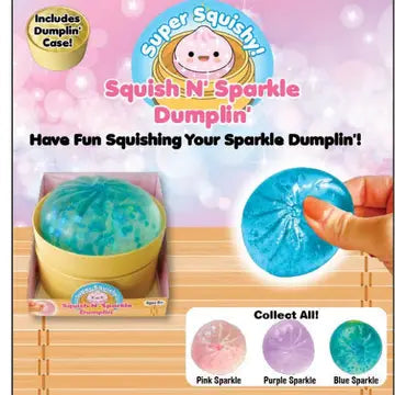 Squish N' Sparkle Dumplin' promo graphic with a hand squishing a blue dumplin' and the pink, purple, and blue sparkle colors to collect