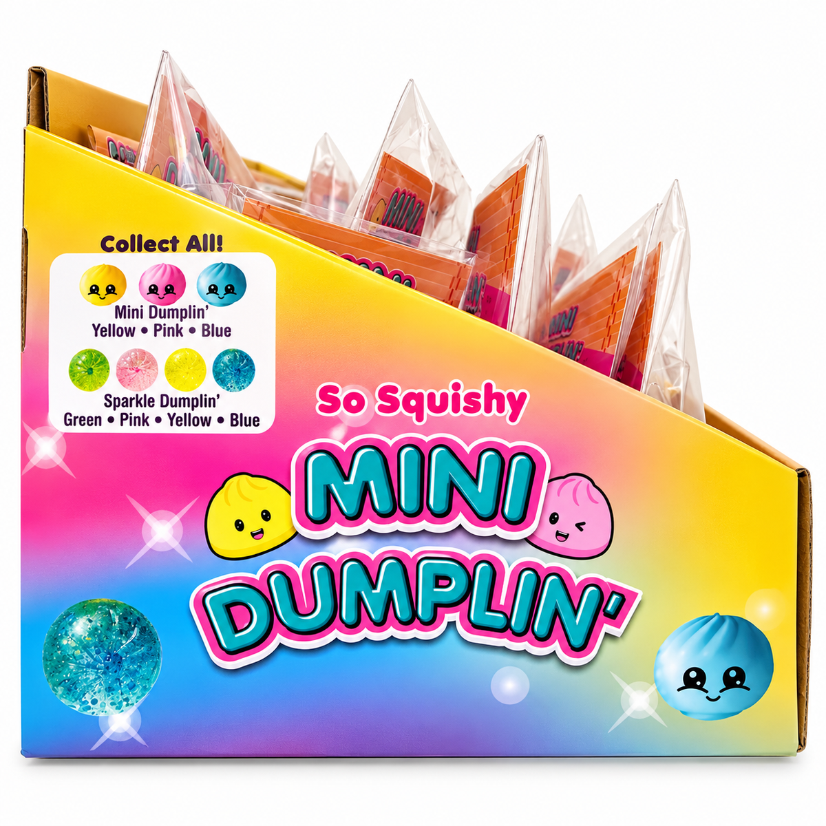 Side of the So Squishy Mini Dumplin' display box with a Collect All chart of Mini and Sparkle Dumplin' colors