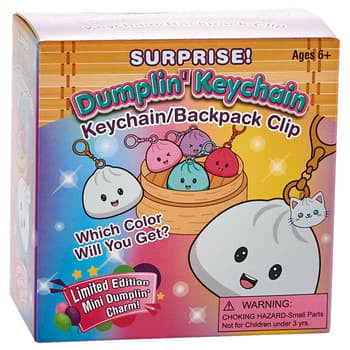 Surprise Dumplin' Keychain box with colorful dumpling keychains in a steamer basket and a Which Color Will You Get label