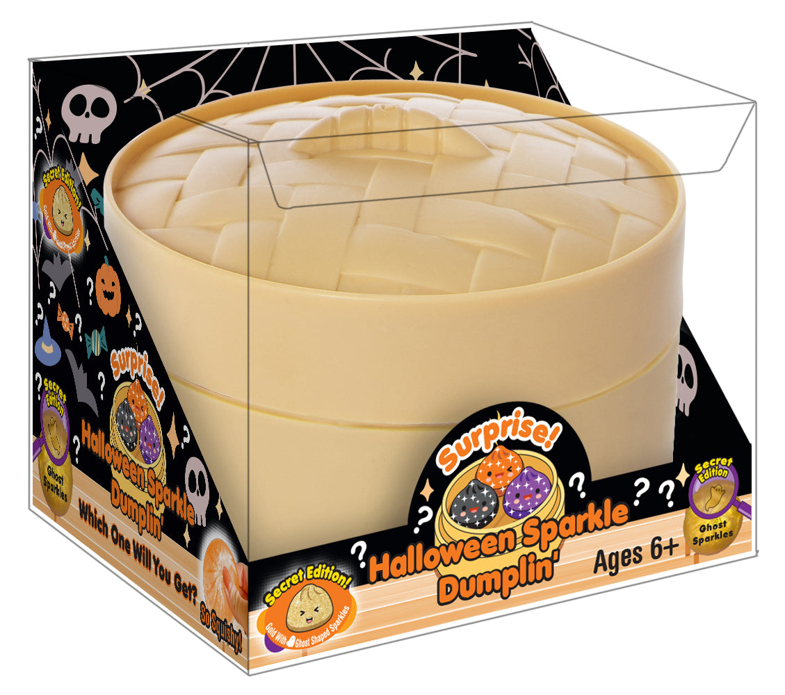 Zorbitz Surprise Halloween Sparkle Dumplin' mystery squishy in a clear box with a tan bamboo steamer-style case and spooky black Halloween packaging