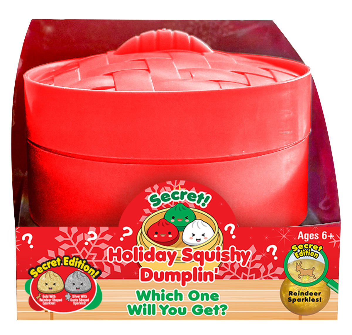 Zorbitz Surprise Holiday Squishy Dumplin' mystery squishy in a festive red steamer-style case with Christmas packaging and Secret Edition reindeer and Santa sparkles