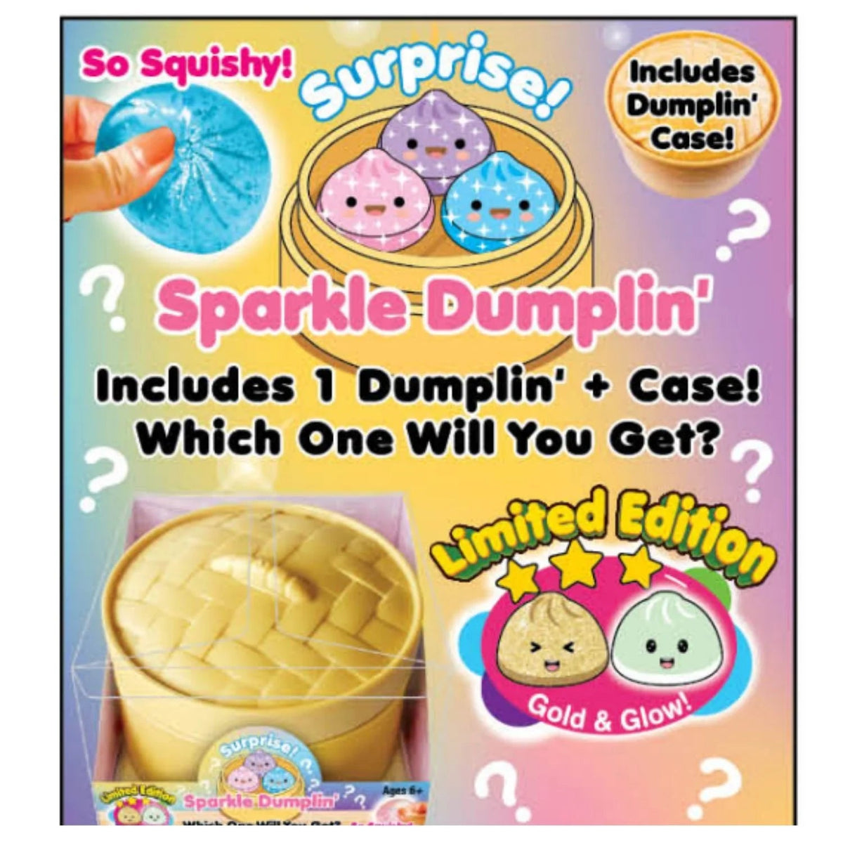 Zorbitz Surprise Sparkle Dumplin' mystery squishy in a clear box with a tan steamer-style case and Limited Edition label