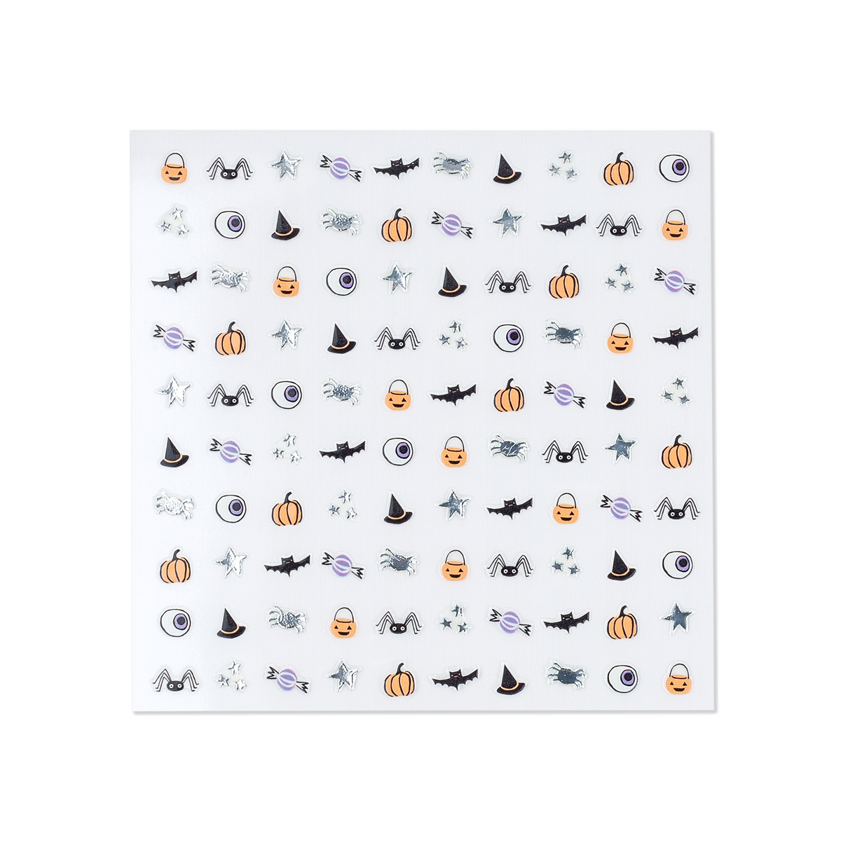 Sheet of 100 Hocus Pocus Halloween nail stickers with silver foil