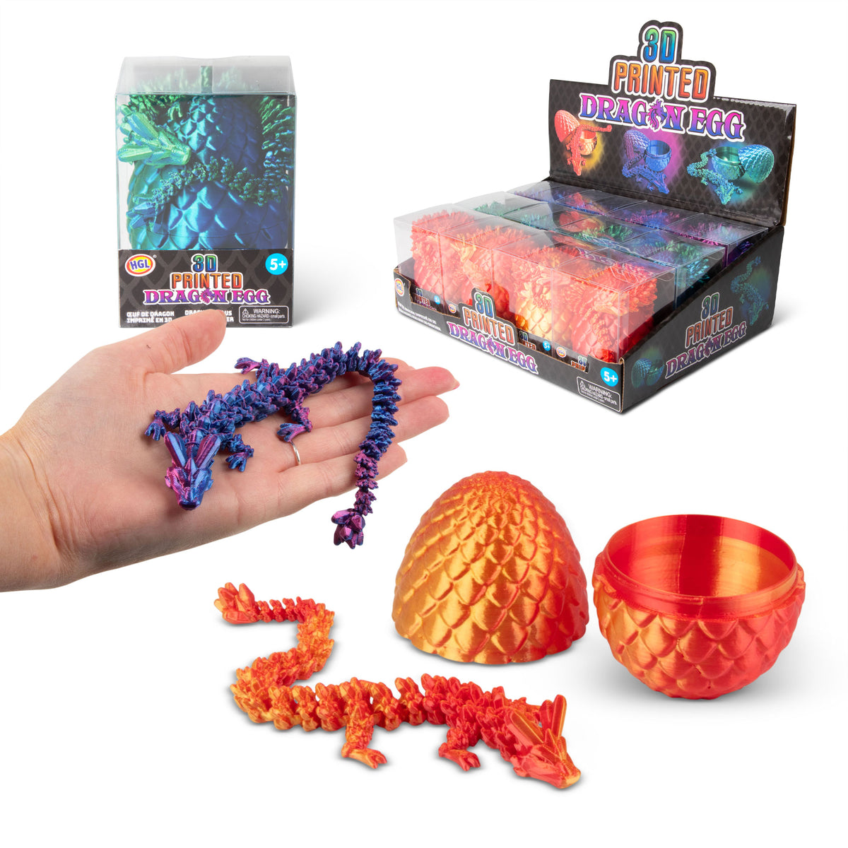 3D printed dragon egg toy shown with retail packaging box and hatched articulated dragon figures