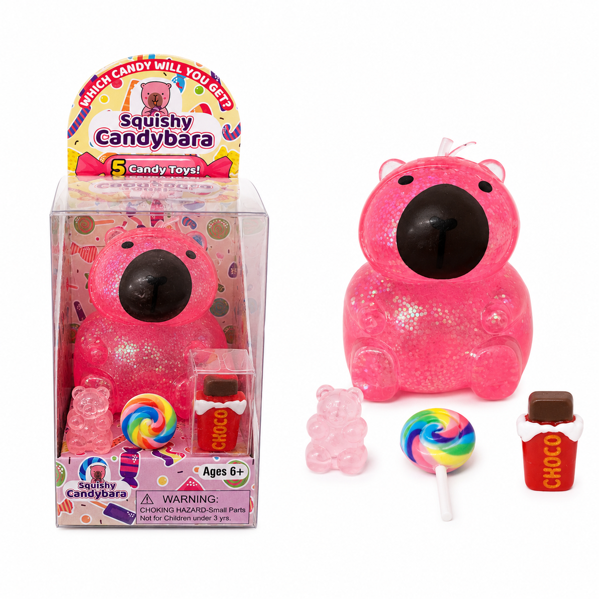 Squishy Candybara Capybara Sensory Toy with Candy Accessories in Package