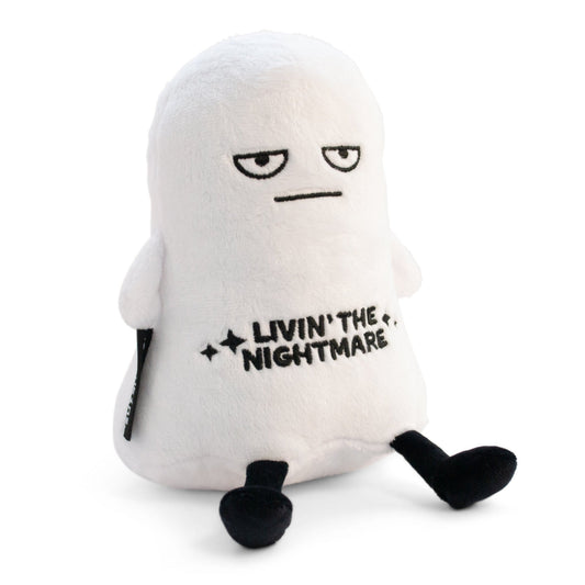 White Punchkins ghost plush with a grumpy half-lidded face, black dangly legs and “Livin’ the Nightmare” embroidered on its chest