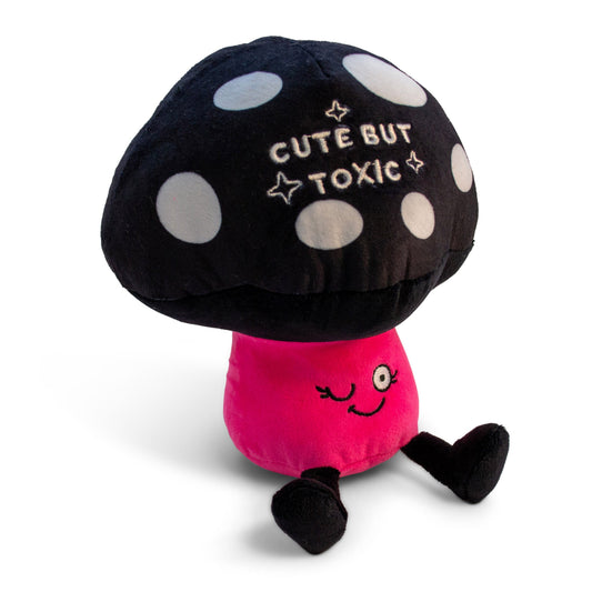 Punchkins mushroom plush with a black polka-dot cap reading “Cute but Toxic”, a hot pink body with a winking face, and black legs