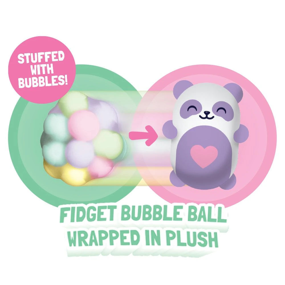 Fidget bubble ball with plush panda toy, filled with bubbles, on a white background.