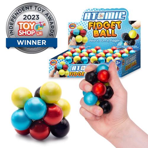Atomic Fidget Ball award-winning sensory toy with retail packaging and hand squeeze demo