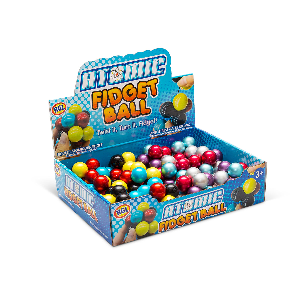 Open display box full of loose Atomic Fidget Ball beads in assorted colors