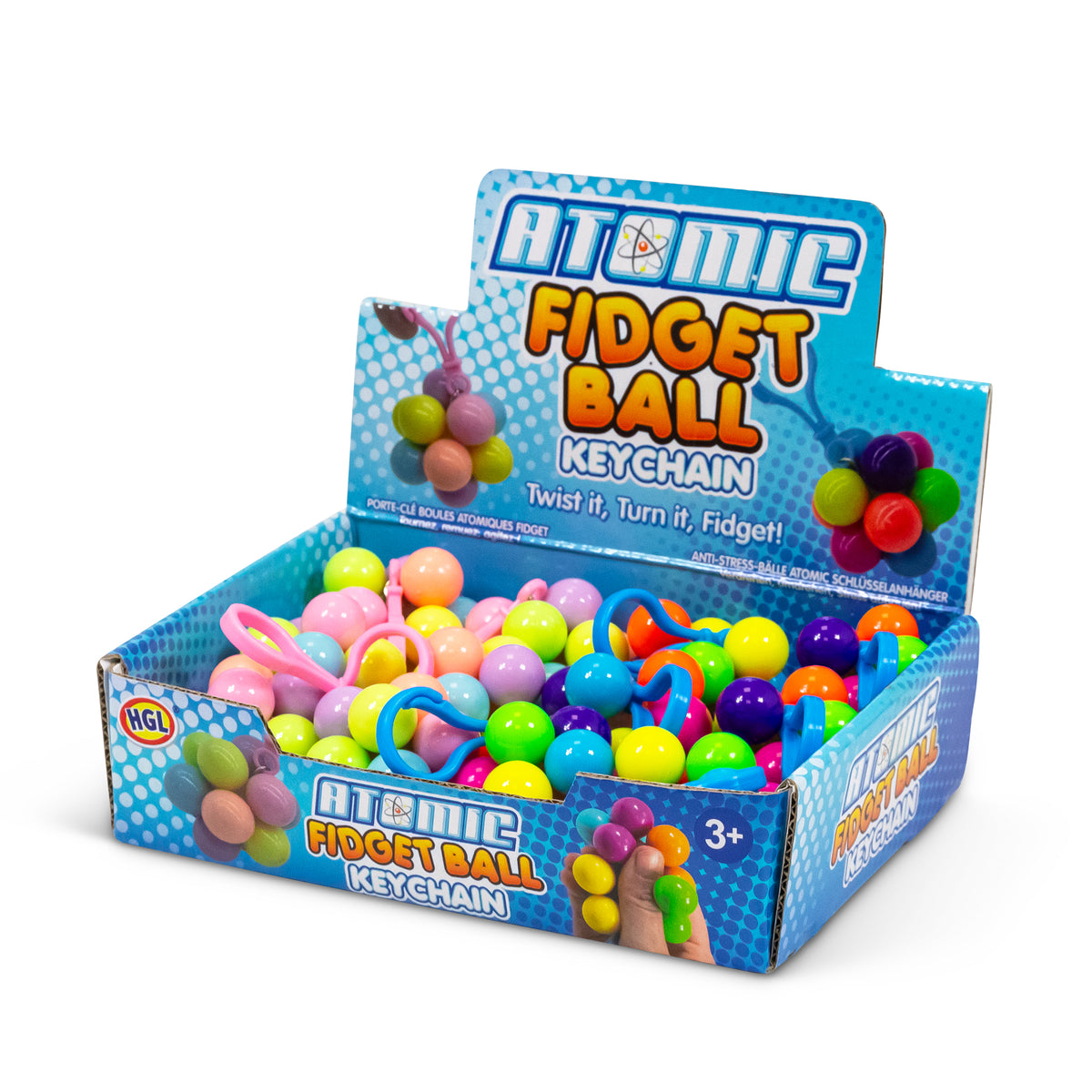 Hand squeezing the bright colorway Atomic Fidget Ball Keychain with blue clip