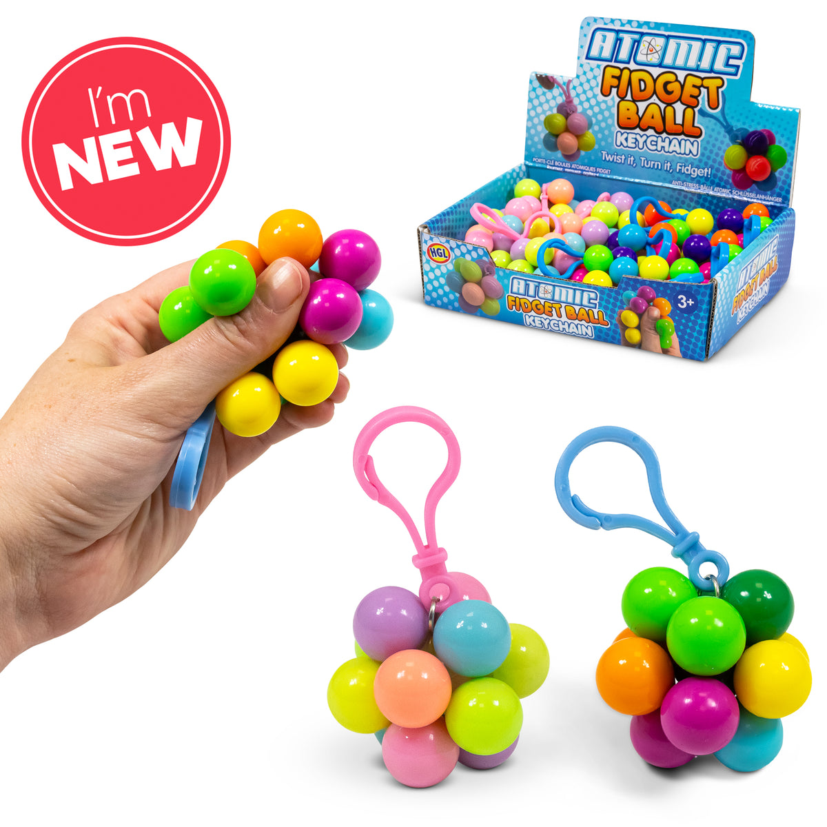 New arrival Atomic Fidget Ball Keychain shown with hand squeeze, retail box, and blue and pink keyfobs