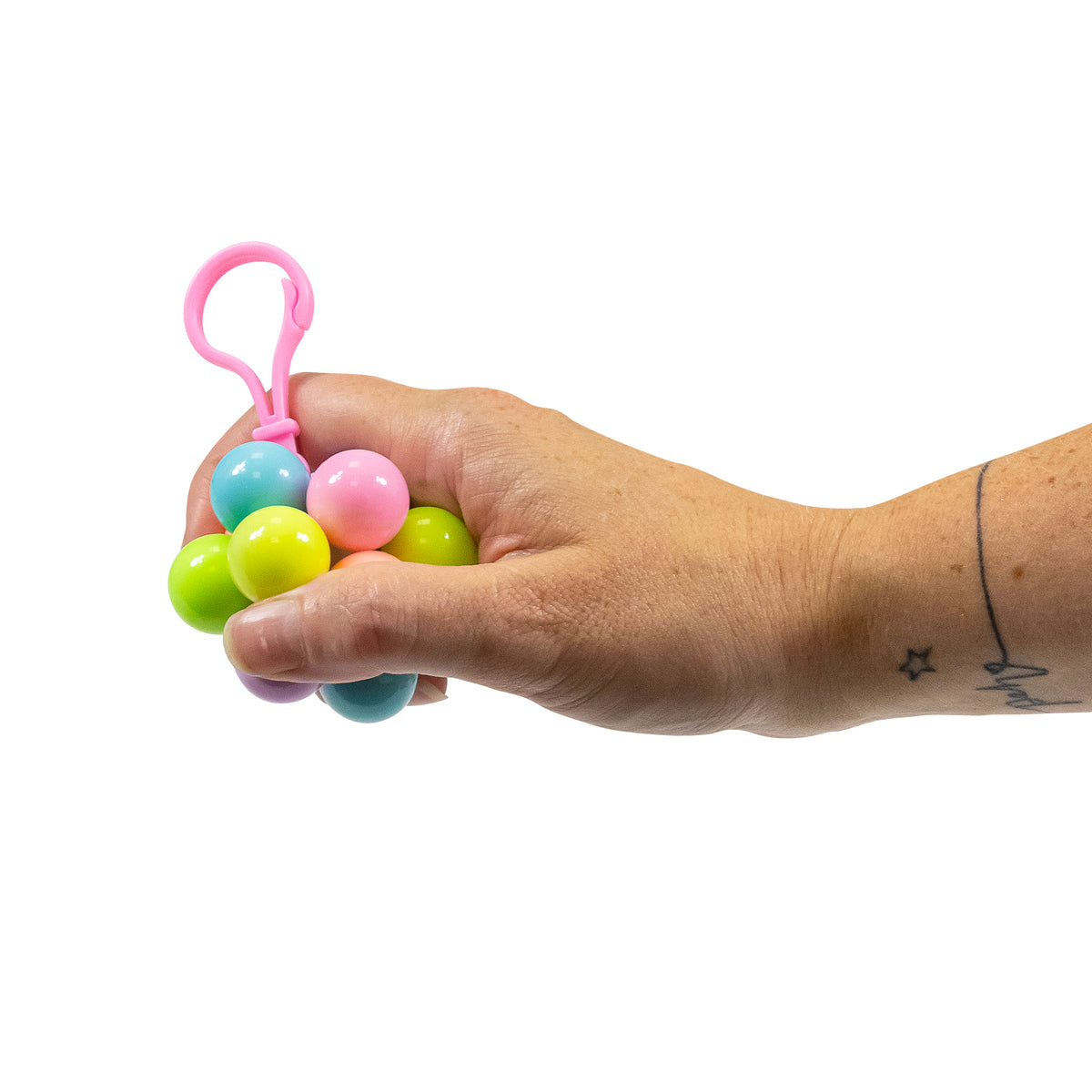 Pastel colorway Atomic Fidget Ball Keychain with pink clip