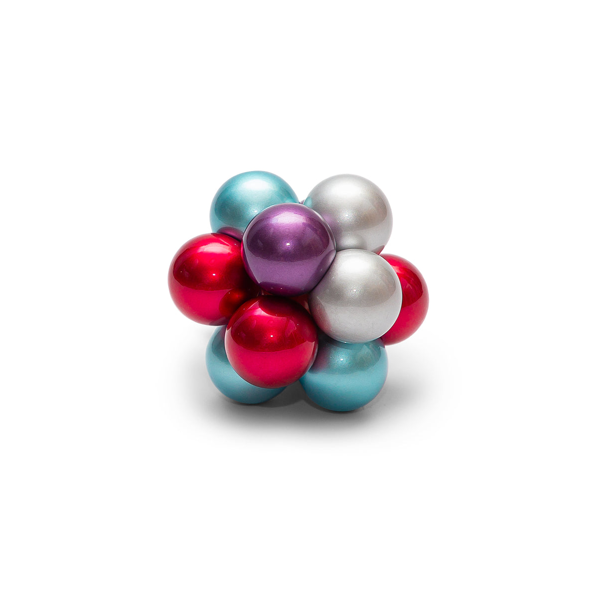 Atomic Fidget Ball standalone product shot showing teal, red, silver, and purple beads