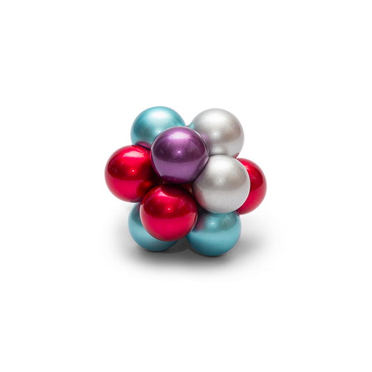 Atomic Fidget Ball standalone product shot showing teal, red, silver, and purple beads