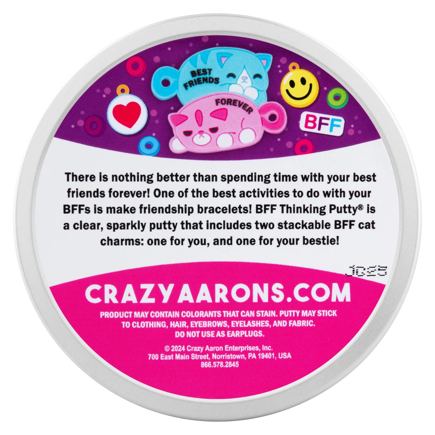 BFF Thinking Putty tin back with best friends forever description and safety info