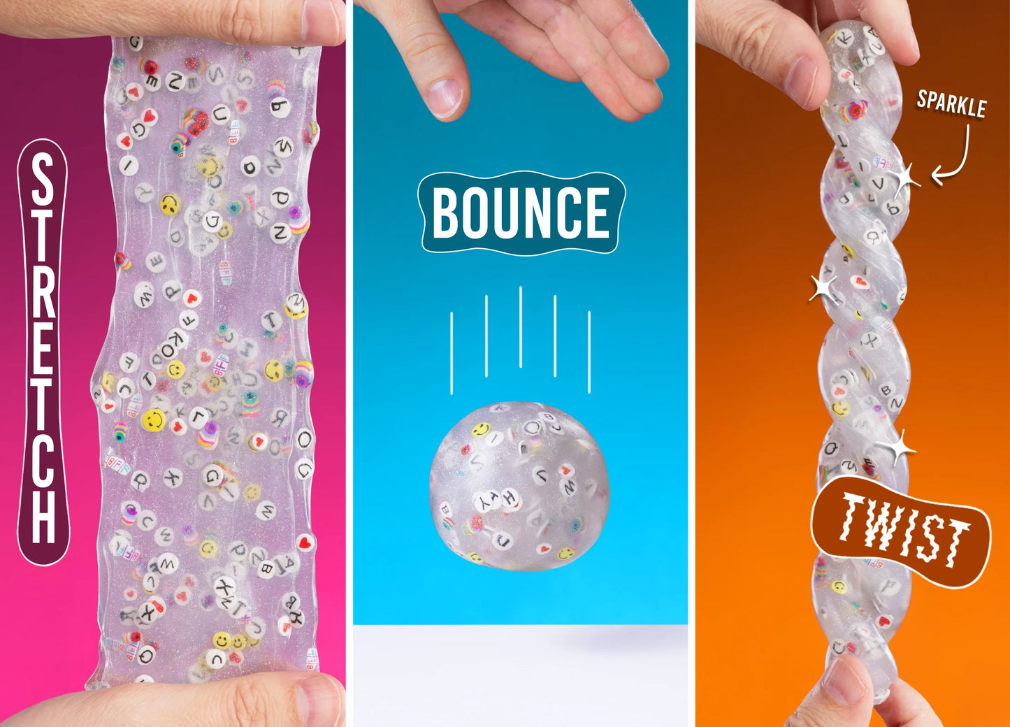 BFF Thinking Putty stretch bounce twist sparkly texture sensory play features