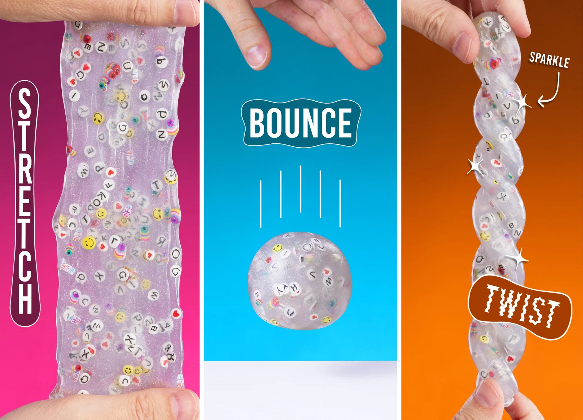 BFF Thinking Putty stretch bounce twist sparkly texture sensory play features